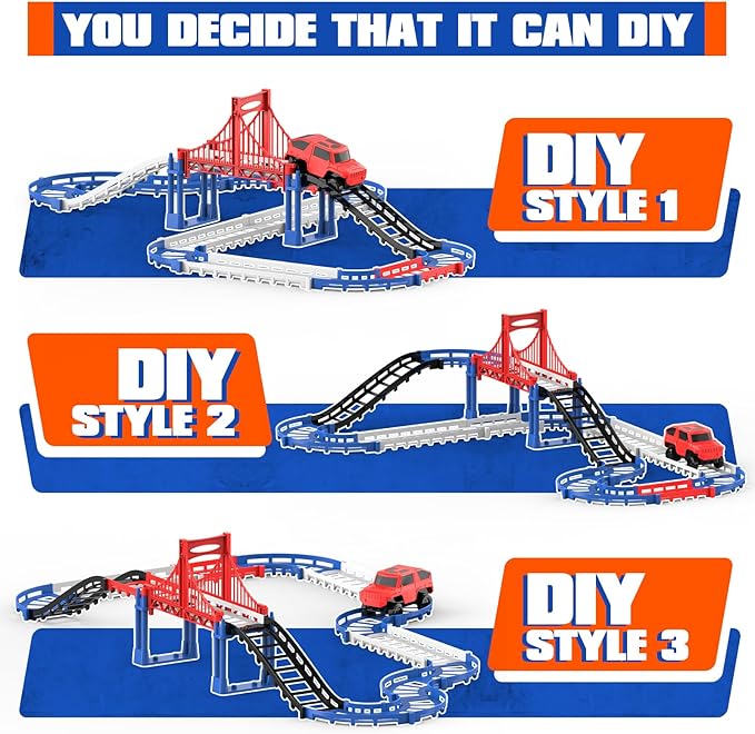 DIY Construction Race Track Set, 24 Pieces with Battery Powered Car,Bridge Building Track ，Assembly Track Builder Playset Gifts Toys for Boys Kids Age 6 7 8