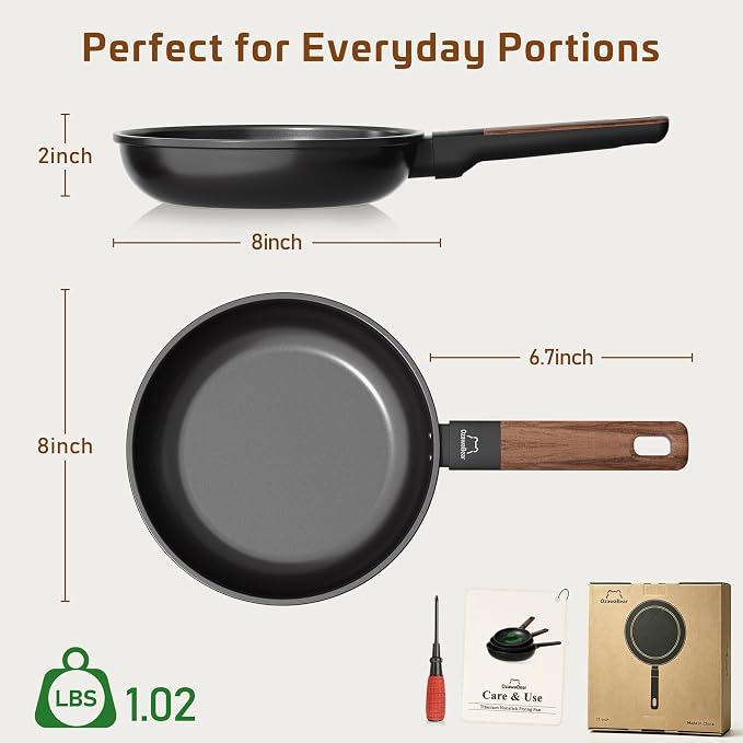 Non Stick Frying Pan Skillet, Titanium Coating Fry Pan Egg Pan Omelet Pan Nonstick, Healthy Induction Cookware Chef's Pan, PFAS PFOA & PTFE Free (8 Inch)