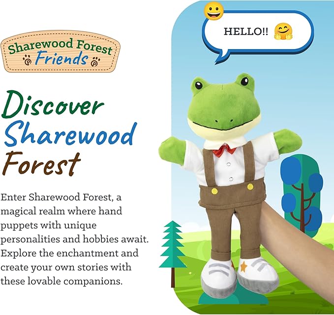 Sharewood Forest Friends Freddy The Frog Hand Puppet - Stuffed Animal for Toddlers, Kids, Teachers, Daycare & School - Perfect for Puppet Theatre and Creative Play