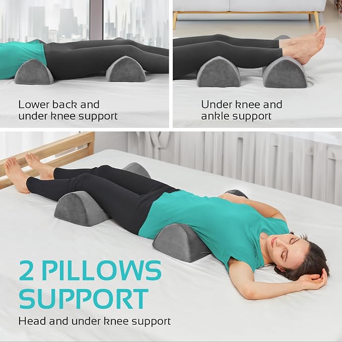 2 Pack Large Half Moon Bolster Pillow for Legs, Knees, Lower Back and Head (2 Pack) Lumbar Support Pillow for Bed, Sleeping | Semi Roll for Ankle and Foot Comfort - Machine Washable Cover, Grey
