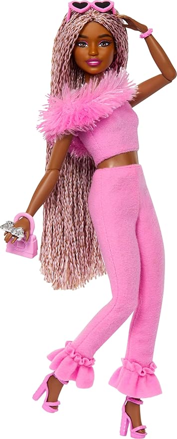 Barbie Deluxe Style Doll #4 in Barbiecore Outfit, Pink and Brown Braids, Soft Pink Top and Pant Set with Furry Collar and Fun Accessories