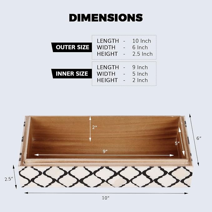 Handicrafts Home Decorative Storage Box with Lid, Moroccan Remote Control Holder Box, Wide Coffee Table Storage Organizer, Bone Inlay Resin Wooden Living Room Storage Box, Black & White, 10 x 6 x 2.5