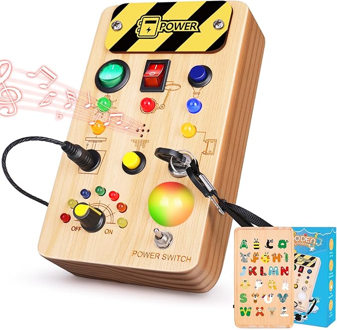 Busy Board Montessori Toys for Toddler, Wooden Sensory Board Switch Toy with Color-Changing LED Light Up Travel Toys Educational Plane Travel Activity for 1-6 Year Old Girls & Boys Gifts