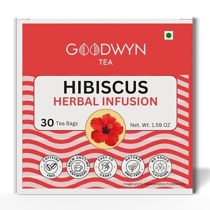 Goodwyn Hibiscus Herbal Infusion Tea (30 Tea Bags) | 100% Pure Hibiscus Flowers | Naturally Caffeine Free | Plastic Free Tea Bags | Tart & Refreshing Ruby Red Tisane | No Added Flavors | Perfect Hot or Iced | Premium Herbal Tea for Daily Enjoyment