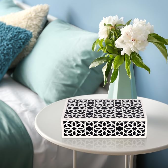 Handicrafts Home Decorative Storage Box with Lid, Black White Moorish Rosette Pattern Remote Holder Box, Persian Geometric Coffee Table Storage Organizer for Living Room Decor, Shiraz 10 x 6 x 2.5
