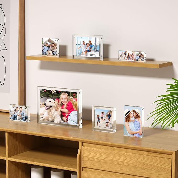 AITEE 2x6 Acrylic Picture Frames 3 Pack, 20% Thicker Block, Clear Picture Frames Freestanding Double Sided Magnetic Acrylic Lucite Frameless Transparent Square Frame Gift for Desktop Display