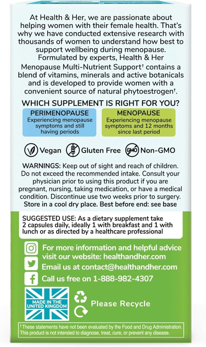 Health & Her Menopause Supplements for Women - Multi-Nutrient Support, Menopause Vitamins for Energy, Bones, Muscles, Skin & Hair, Vegan, Gluten-Free, Non GMO (60ct - 1 Month)