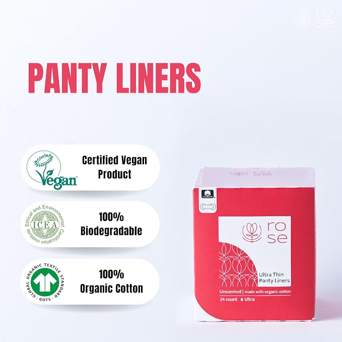 Rose Organic Panty Liners - Ultra Thin, Ultra Absorbent, Organic Cotton Topsheet, Unscented - 24 Count (Pack of 2)