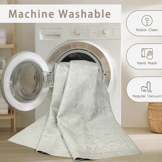 Srugn Washable Rugs 8x10 Area Rugs for Living Room,Bedroom,Dining Room- Large Ultra Soft Faux Wool Retro Carpets,Non Slip&Non-Shedding Low Pile Vintage Carpet for Home Office,Concrete Grey