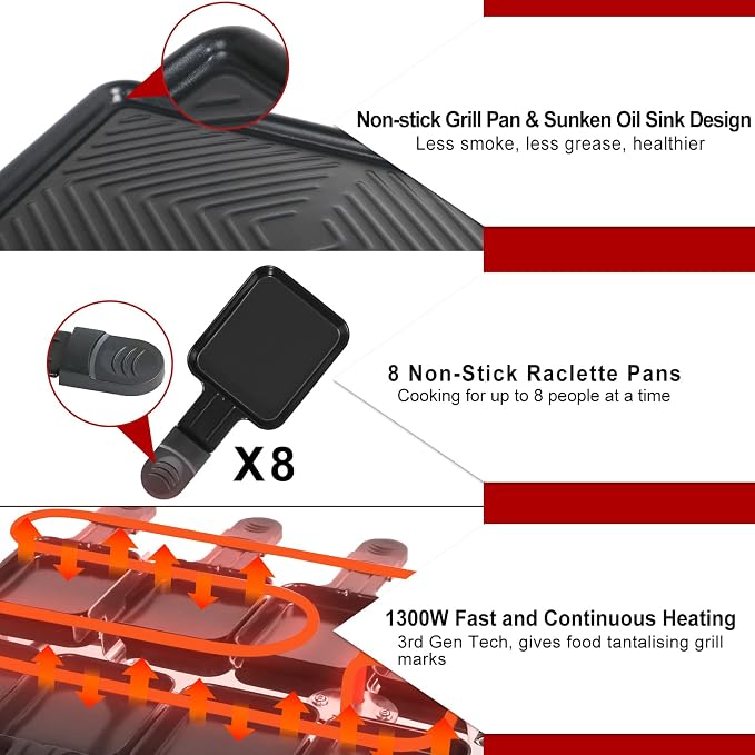 Raclette Grill, Raclette Table Grill, Korean BBQ Grill Indoor, 8 Trays | 1300W Adjustable Temperature Control, 8 Nonstick Cheese Pans, Dishwasher Safe for Family Dinners and Parties