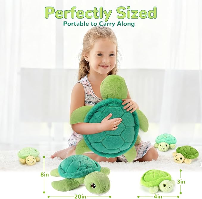 5 Pieces Turtle Stuffed Animals - 1 Mommy Stuffed Turtle with 4 Babies - Tortoise Gifts for Girls Age 3-8, Tortoise Plush Toys for Christmas, Valentine's, Birthday Gifts