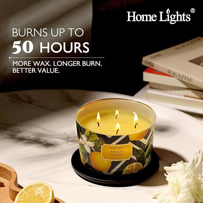 HomeLights Large jar Candle | 4-Wick Long-Lasting Scented Candles, 18oz Natural Soy Wax Candle for Home Scented, Eclectic Mixed Styles Gifts for Women & Men, Amalfi Lemon