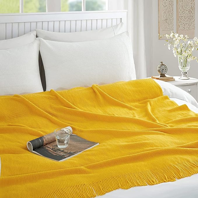 Homiest Mustard Yellow Knitted Throw Blanket with Fringe, 50x60 Inch | Pure Acrylic, Lightweight & Breathable, All-Season Use, Machine Washable, Wrinkle & Fade Resistant, for Couch Sofa And Bed