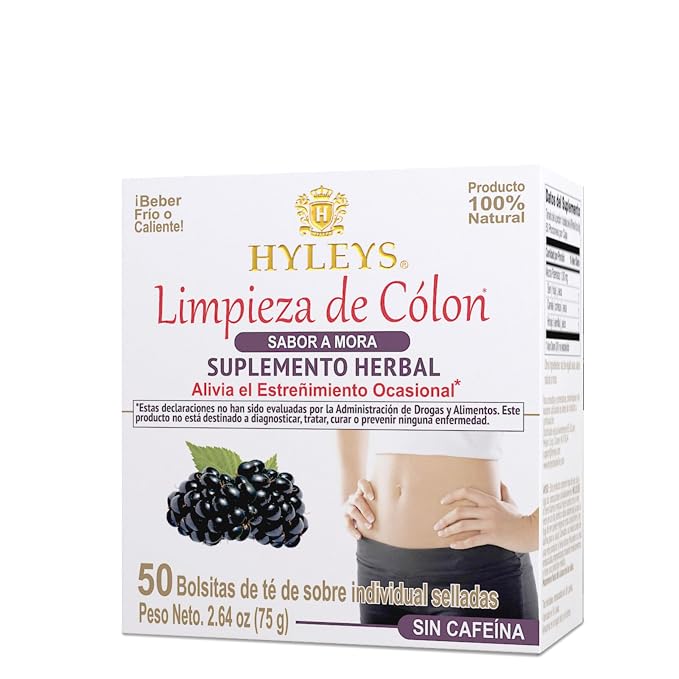 HYLEYS Colon Cleanse Tea, Blackberry Flavor - 50 Individually Wrapped Herbal Tea Bags - Caffeine Free, Gluten Free