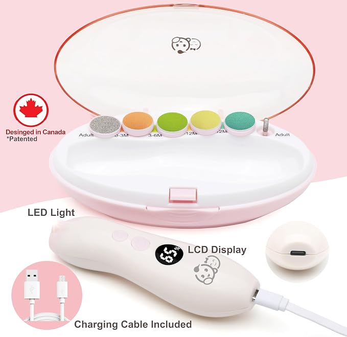 Royal Angels Rechargeable 22 in 1 Baby Nail Trimmer with LCD Display, Labeled Case, 13 Extra Pads, Safe Quiet LED Light Electric Baby Nail File Kit for Newborns Toddlers (WhitePink)