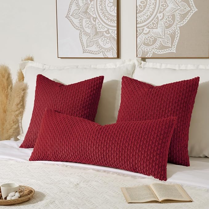 Kevin Textile Soft Corduroy 14"x36" Lumbar Pillow Cover 1 Pack, Burgundy | Boho Stripe Plush Corduroy Decorative Oblong Cushion Cover Modern Farmhouse Home Decor for Sofa Couch Bed Chair
