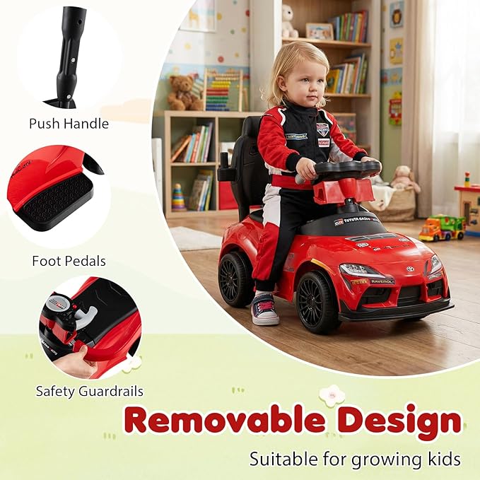 Costzon Push Car for Toddlers, 3 in 1 Toyota Licensed Stroller Sliding Walking Car w/Handle, Music, Safety Guardrail, Under-Seat Storage, Foot-to-Floor Kids Ride On Toys for Boys Girls (Red)