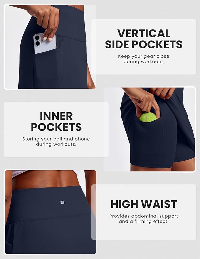 PINSPARK 19" Knee Length Skorts for Woman with Pockets UPF 50+ Golf Skirts | 4 Pockets, Built-in Shorts, High Waisted & Tummy Control, Moisture-wicking for Golf Athletic Tennis Workout Casual