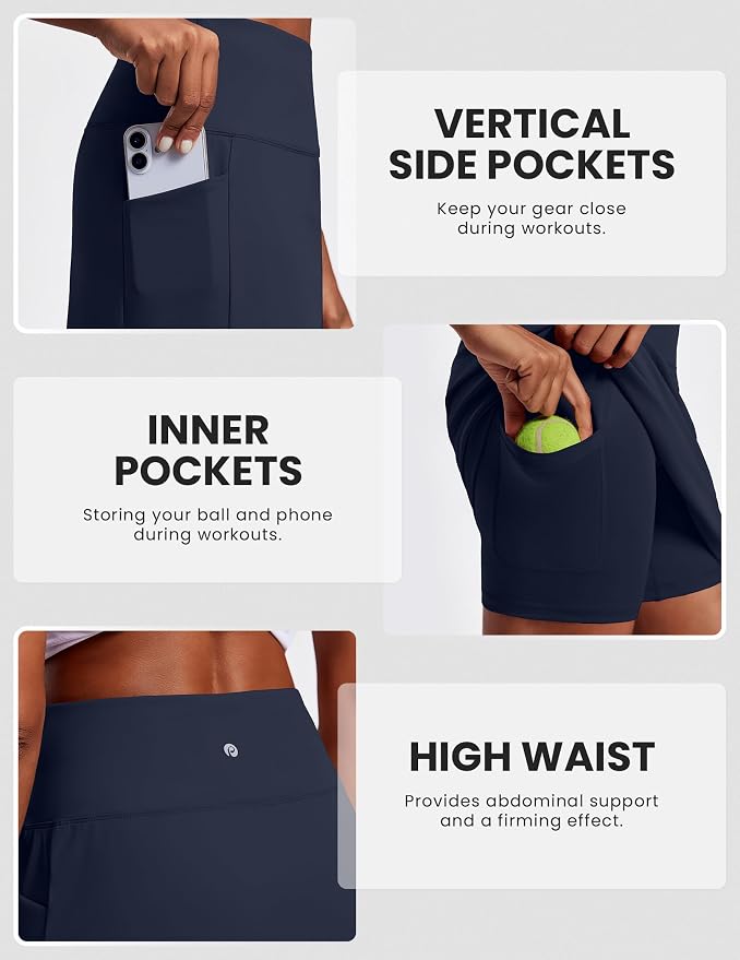 PINSPARK 19" Knee Length Skorts for Woman with Pockets UPF 50+ Golf Skirts | 4 Pockets, Built-in Shorts, High Waisted & Tummy Control, Moisture-wicking for Golf Athletic Tennis Workout Casual