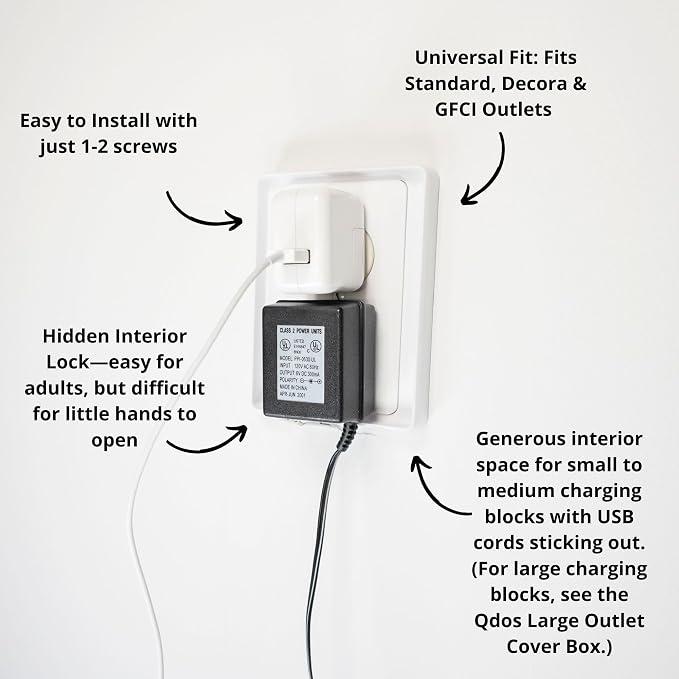 Qdos Safety Medium Outlet Cover Box for Baby Proofing Outlets| Secure Hidden Lock | Generous Interior for Medium Sized Charging Blocks & Adapters | Modern Universal Design | Easy Install | 1 Pack