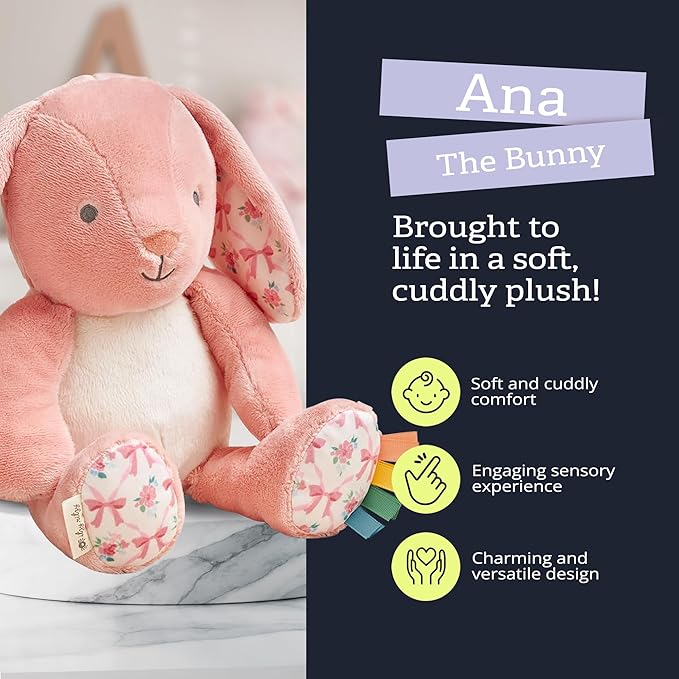 Itzy Ritzy Snuggles Plush Toy – Soft Stuffed Animal for Babies, Kids & Adults – Sensory Ribbons & Textured Fabrics for Tactile Play – Cozy & Cuddly Companion for Newborns & Up (Pink Bunny)