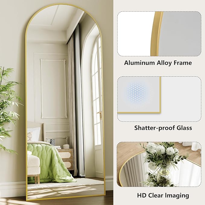 Large Full Length Mirror, 30"x71" Arched Floor Mirror Full Length with Stand, Room Decor Big Full Body Mirror with HD Tempered Glass Aluminum Frame for Bedroom Living Room,Gold