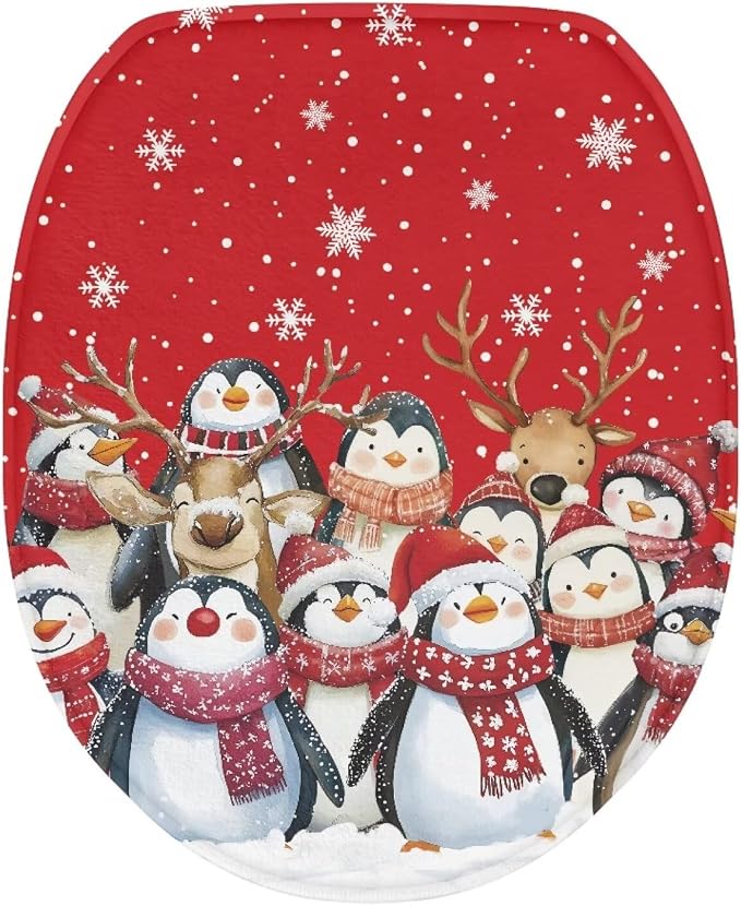 Christmas Penguin Toilet Tank Cover for Xmas Decor Rv Oblong Toilet Seat Cover with Elastic Edges Bathroom Decoration Accessories,Replacement
