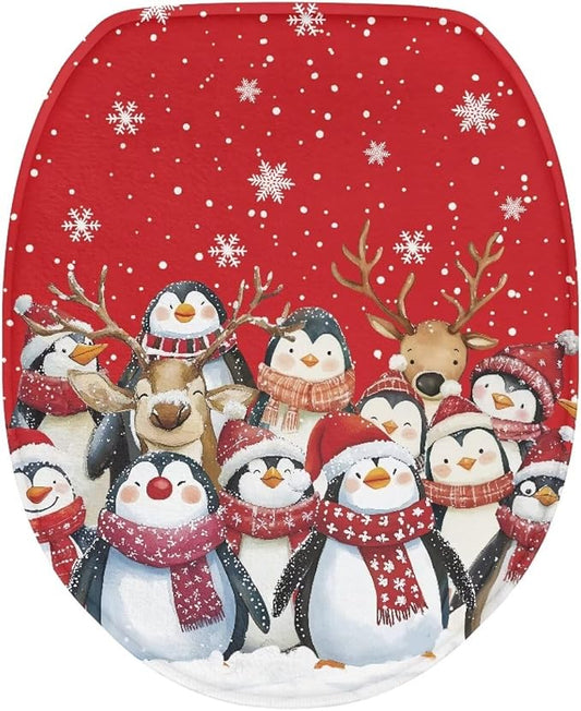 Christmas Penguin Toilet Tank Cover for Xmas Decor Rv Oblong Toilet Seat Cover with Elastic Edges Bathroom Decoration Accessories,Replacement