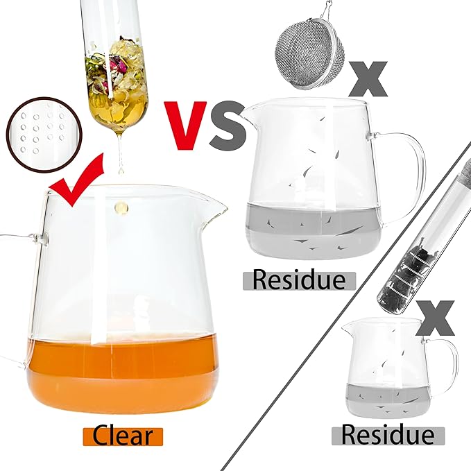 2 PCS Glass Loose Tea Infuser with Cork Lid Spoon Brush | Fine round filter holes, leaf-proof, reusable glass infuser, cork lid, tea spoon, cleaning brush, easy clean