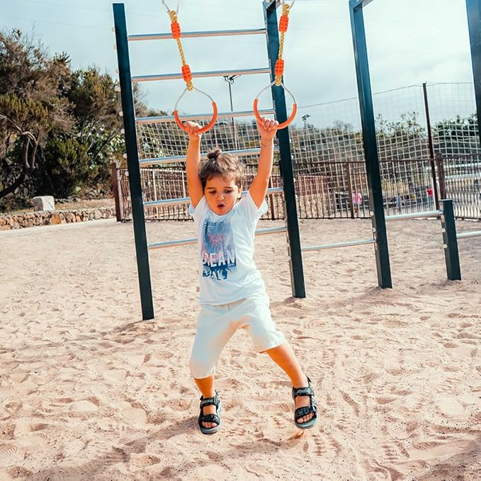 Fitness Gymnastic Ring Swing Monkey Bar Fists Trapeze Obstacle Course For Backyard Outdoor Indoor Jungle Home Gym, 2 Pack Orange Hang Ninja Rope Rings Warrior Accessories Playground Training Equipment