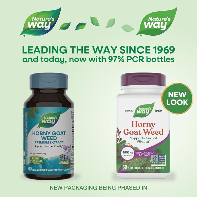 Nature's Way Horny Goat Weed, Standardized Extract, Supports Sexual Vitality*, 500 mg per Serving, Non-GMO Project Verified, 60 Vegan Capsules (Packaging May Vary)