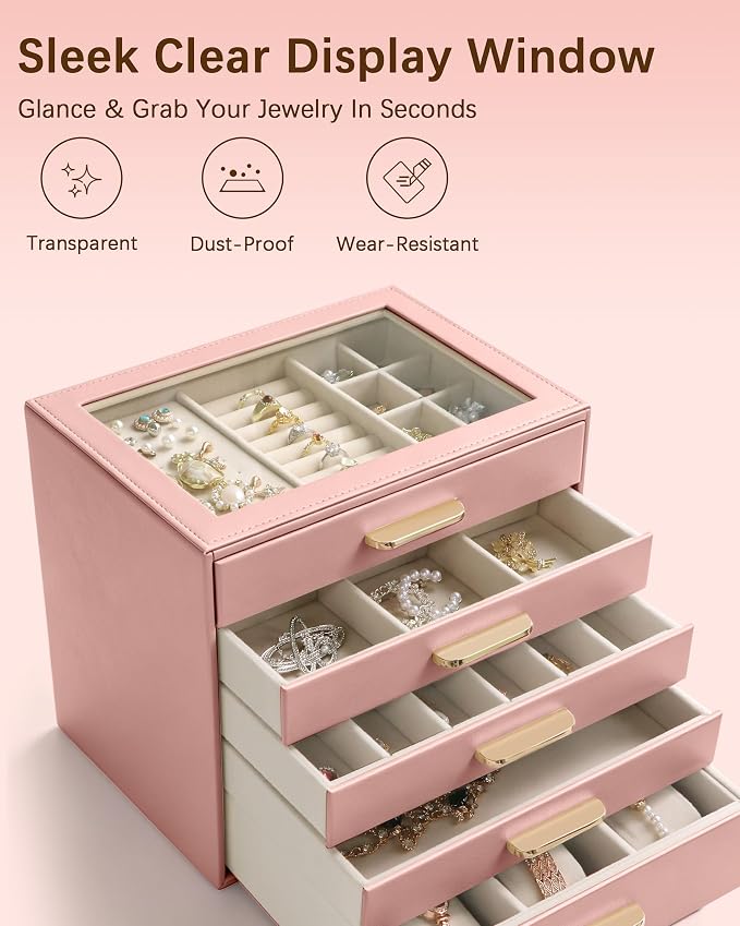 Homeanda Jewelry Boxes Organizer with Glass Lid, 5-Layer PU Leather, Pink | Modern style display case with 5 drawers for daily jewelry, women, mom or girl gift