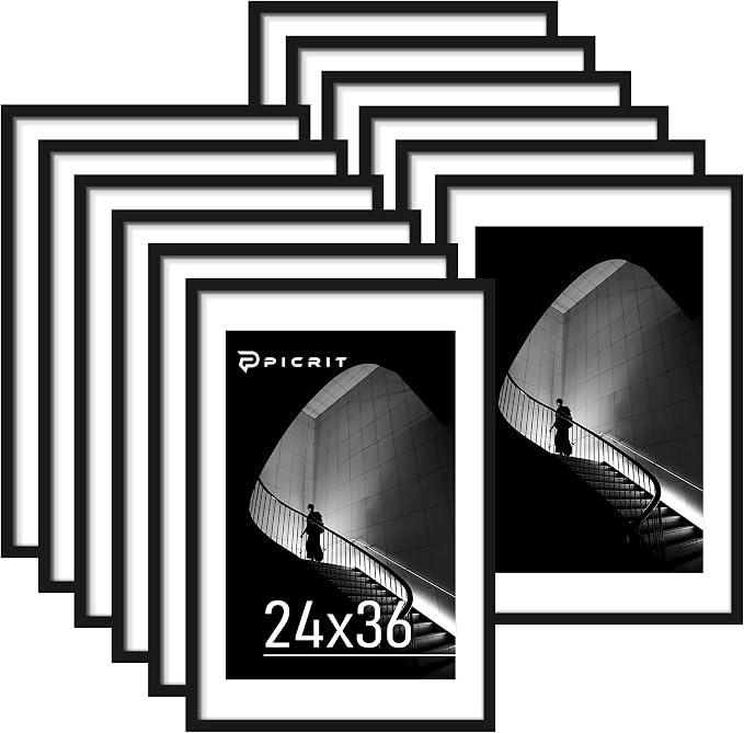 Picrit 24x36 Poster Frame Set of 12, Display 20 x 30 with Mat or 24 x 36 without Mat, Photo Picture Frames for Wall Mounting Display, Black