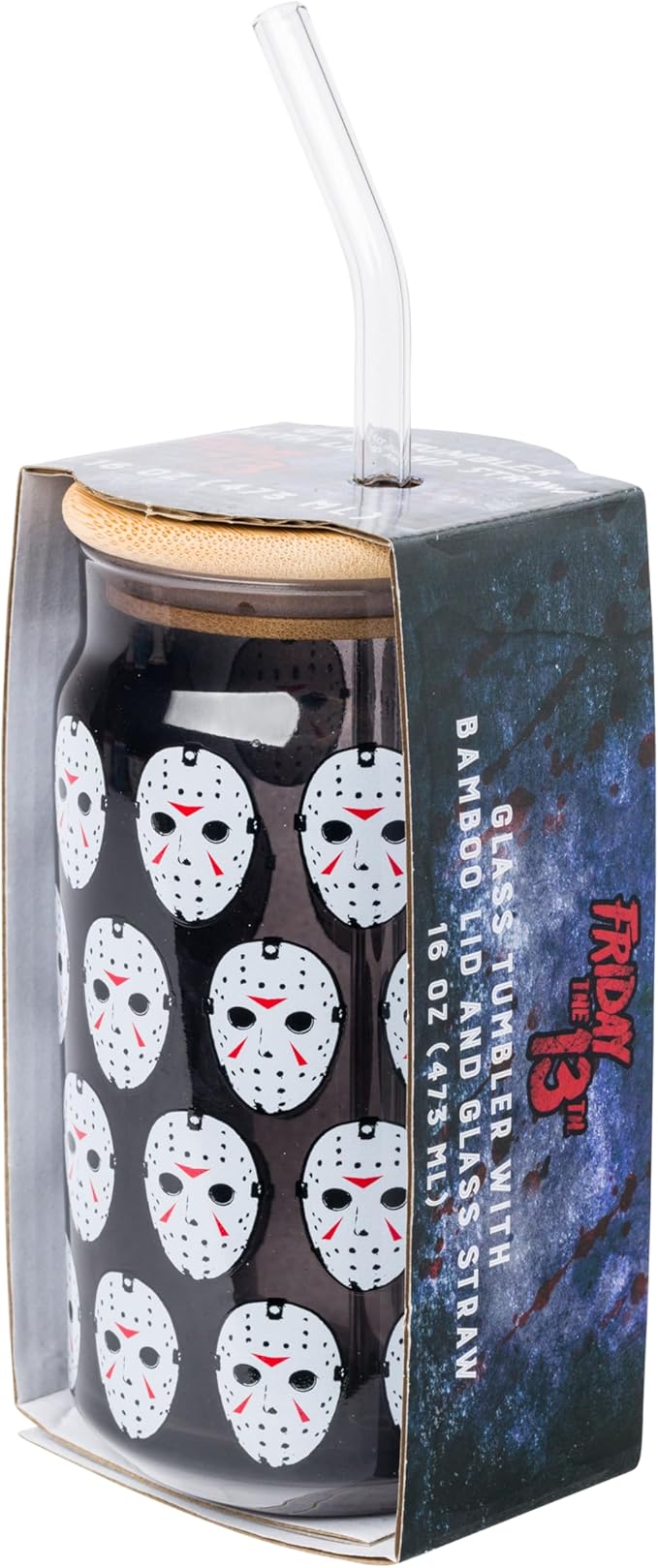 Silver Buffalo Friday the 13th Featuring Jason Vorhees Glass Jar Tumbler with Bamboo Lid and Glass Straw, 16 Ounces