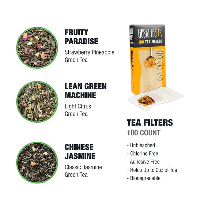 Tiesta Tea - Green Tea Starter Kit, Loose Leaf, Premium Green Blend Gift Set, Medium Caffeinated, Make Hot or Iced, Includes 3 Loose Leaf Samplers & 100 Disposable Filters