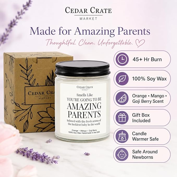 Cedar Crate Market New Parents Gifts for Couples, Baby Shower Pregnancy Gift, Gender Reveal Candle, New Mom First Time Mom Dad, Orange, Mango, Goji Berry 9oz Soy Wax, Made in USA, 45+ Hour Burn