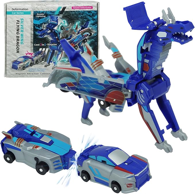 Dinosaur Collision Transforming Car Toy,Magnetic Cars Transform Into Dinosaurs,Transformation Car Toys for Boys & Girls with Transform Feature,Party Gift for Birthday,Christmas (Blue Dragon)
