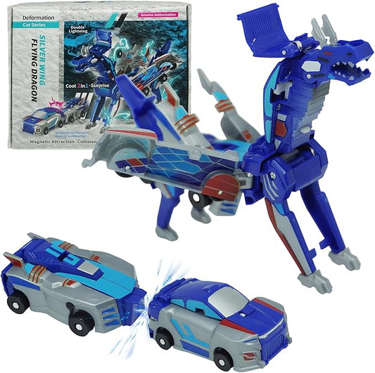Dinosaur Collision Transforming Car Toy,Magnetic Cars Transform Into Dinosaurs,Transformation Car Toys for Boys & Girls with Transform Feature,Party Gift for Birthday,Christmas (Blue Dragon)