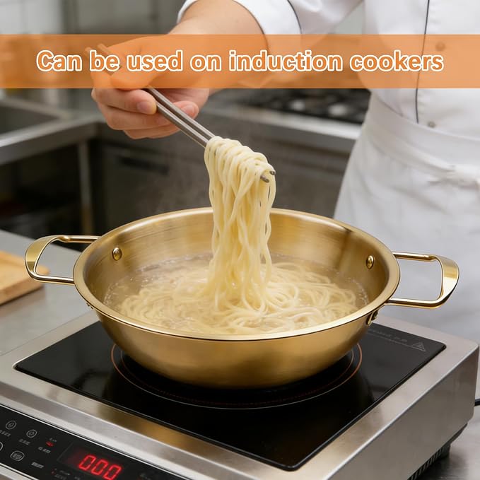 4-Piece Korean Ramen Pot for Stove, Stainless Steel Korean Noodle Pot with Handles, Golden Soup Pots & Cooking Pots for Home & Outdoor Use (Inner Diameter 7.7", 8.5", 9", 10")
