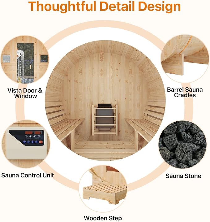 Outdoor Barrel Sauna, Traditional Wood Sauna for Backyard, Dry＆Wet Sauna for Outdoor, 220V/6KW Electric Heater with Sauna Stone, Sauna Accessories, Waterproof Tarpaulin