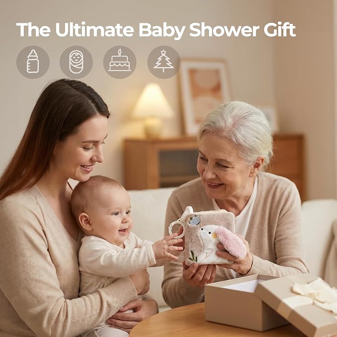 let's make Soft Baby Book, Sensory Crinkle Cloth Books for Babies 0-6 6-12 Months, Animal Tummy Time Toys with Baby Mirror & Squeaker, Touch and Feel Travel Stroller Toy, Newborn Gift Baby Shower