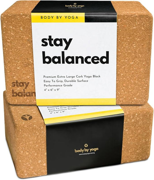 Cork Yoga Blocks 2 Pack – High Density Non Slip with Select Cork Grain for Chip-Resistant Durability | Extra Thick 4” for Support & Stability | Natural, Smooth, and Crumble Free | Body By Yoga