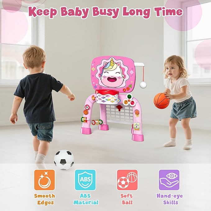 Toddler Basketball Hoop Tball Set & Soccer Goal - Unicorn Sport Toys for 1 Year Old Girl with Learning Activities (Abacus/Alphabet/Animals Sounds) Christmas Birthday Gifts for Baby Girl Age 1 2 3