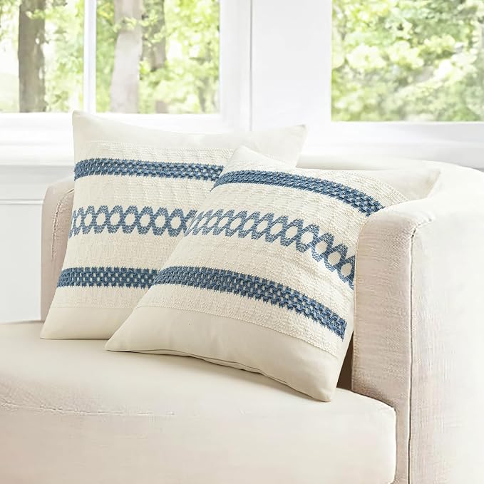 MIULEE Set of 2 Blue Boho Decorative Lumbar Pillow Covers 12x20 Inch | Farmhouse Coastal, Couch Throw Pillows, Modern Cushion Covers, Macrame Woven Spring Decor for Bed Sofa Chair