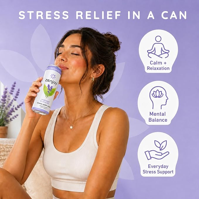 Zenjoy Adaptogen Drink Stress Relief Tea | Non Alcoholic Calming Drink w/Ashwagandha, Lemon Balm & L-Theanine for Focus | Stress Tea Calming Social Mocktail with Adaptogens (12 Pack, Lavender)