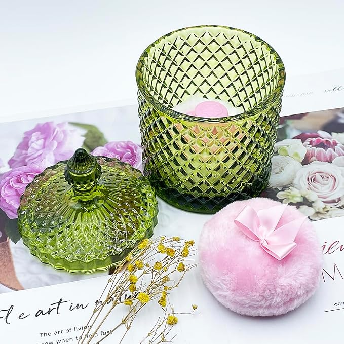 Luxury 4.2 Inch Glass Powder Container with 2 Plush Puffs｜Body Powder Puff with Jar (Pointed Cylinder-Olive Green-Large)
