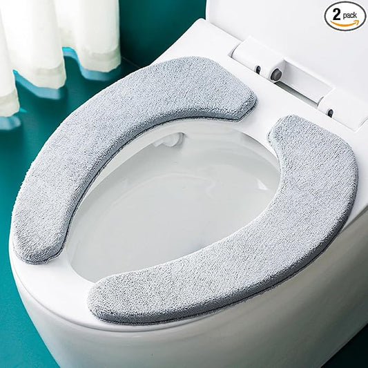 1 Pair Soft Toilet Seat Covers Plush Thick Fabric Toilet Seat Warmer Waterproof self-adhesive Reusable Machine-Washable Universal for All Types of Toilets Bathroom (Grey)