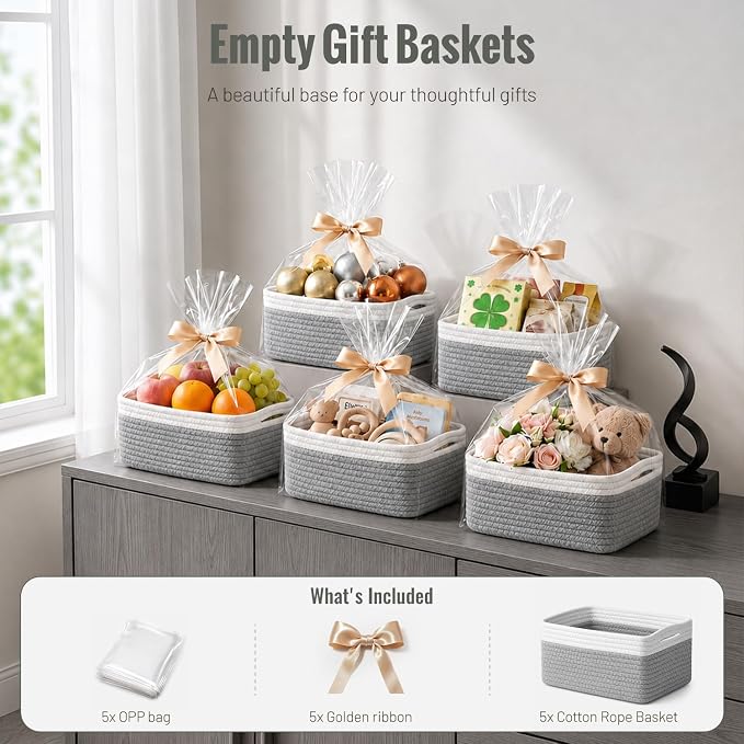 5 Pack Small Woven Storage Baskets for Shelves, Gift Baskets Empty | 11.8"x7.9"x4.7", Decorative Cotton Rope Baskets Organizer, Storage Bins for Organizing Bathroom, Closet, Nursery, Gray/White