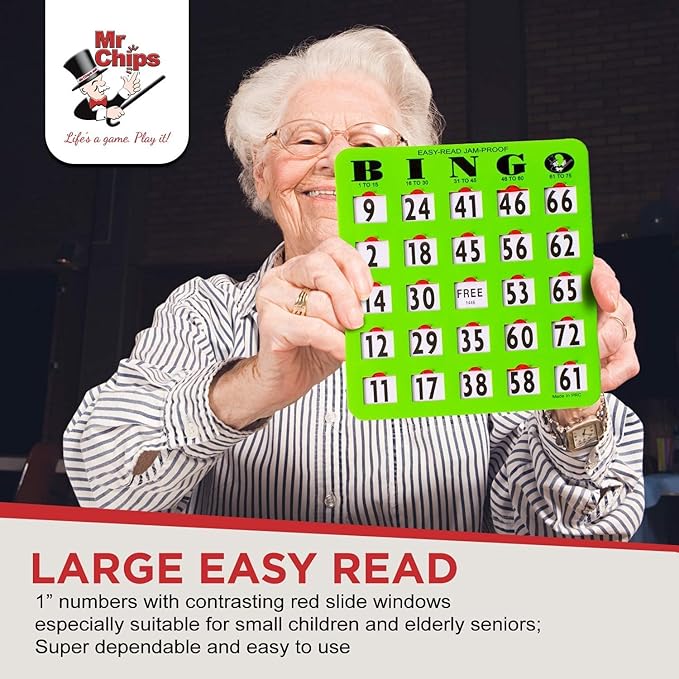 MR CHIPS Jam-Proof Easy-Read Large Print Fingertip Bingo Cards with Sliding Windows 10 Pack in Green Style