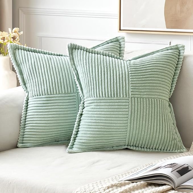 MIULEE Mint Green Corduroy Pillow Covers 20x20 Inch with Splicing Set of 2 Soft Boho Striped Pillow Covers Broadside Decorative Textured Summer Pillowcases for Couch Cushion Bed Livingroom